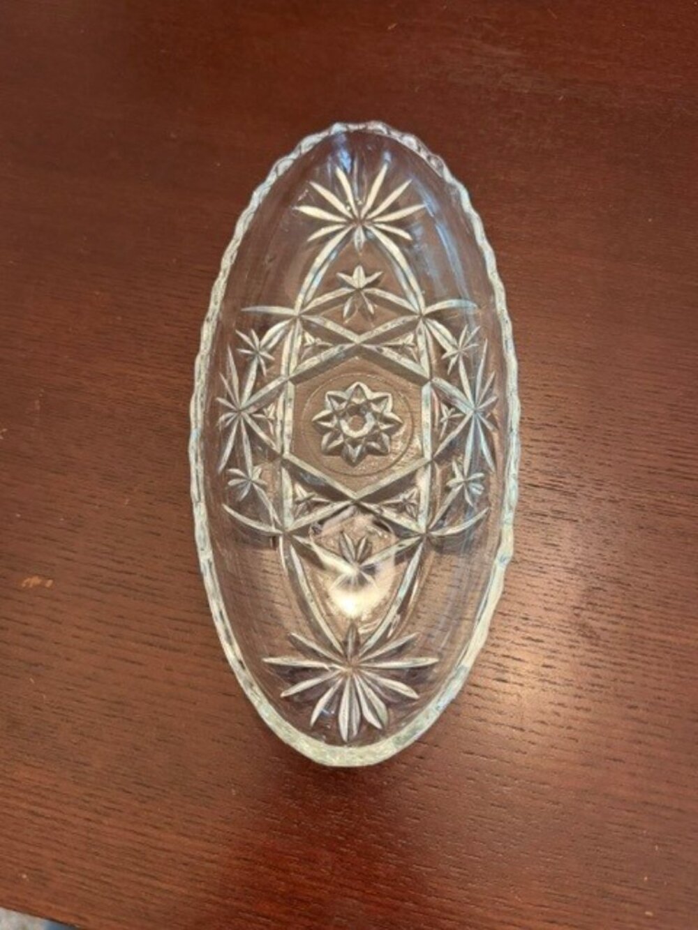 Vintage Pressed Glass Relish Dish Floral Starburst Scalloped Oval Serving Bowl